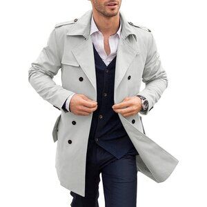 Mens Grey Trench Coat Notched Lapel Double Breasted Windbreaker Overcoat